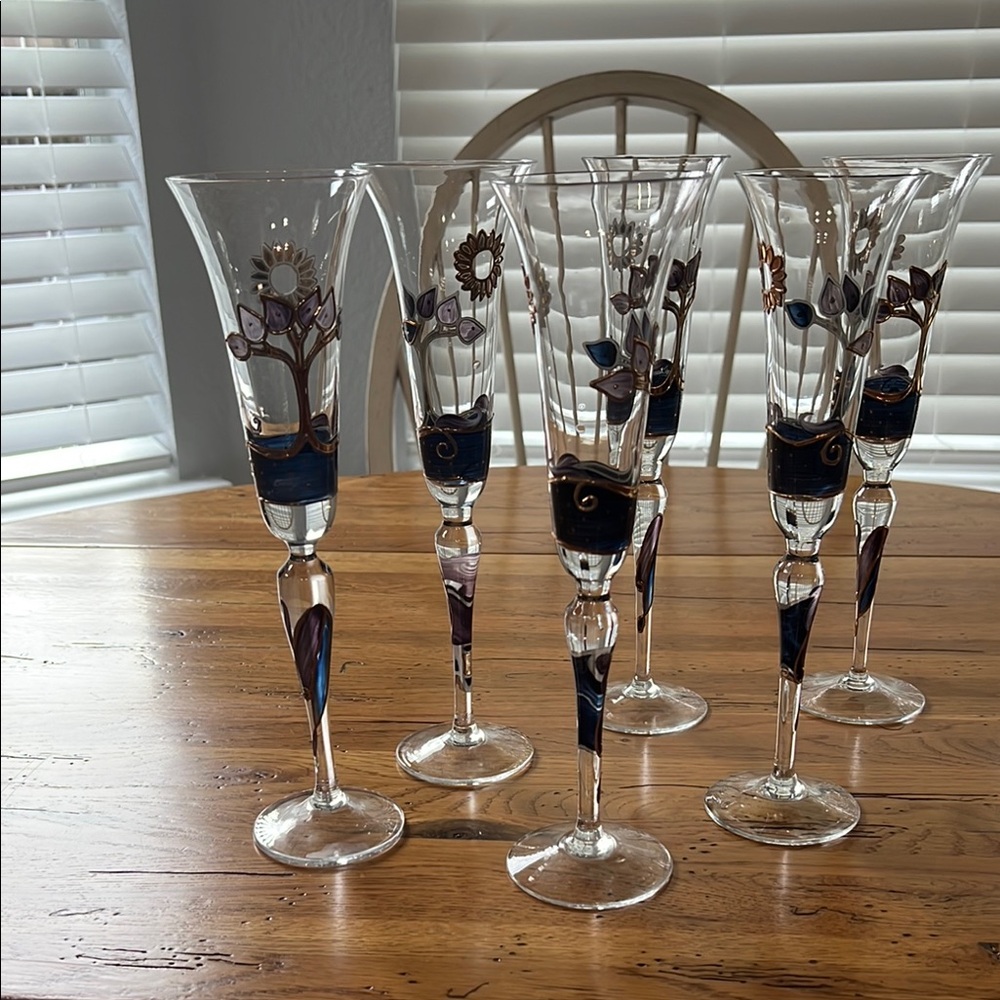 Hand Crafted Blue and Gold Floral Champagne Flutes